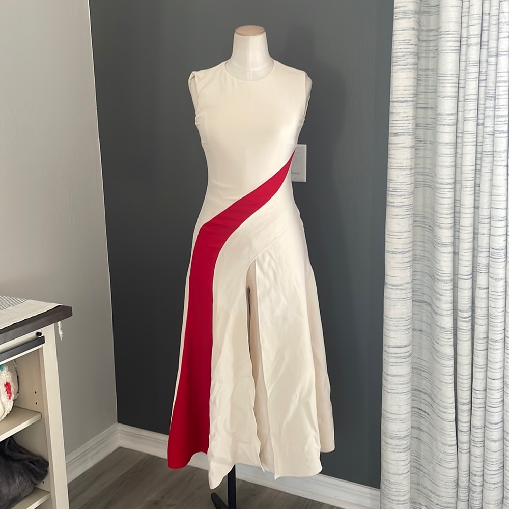 Ralph Lauren Purple Label Cream Sleeveless Jumpsuit with Red Diagonal Panel